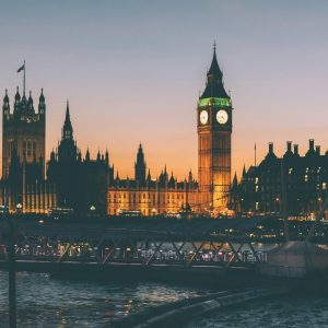 Iconic view of Big Ben and the Palace of Westminster during twilight in London.
