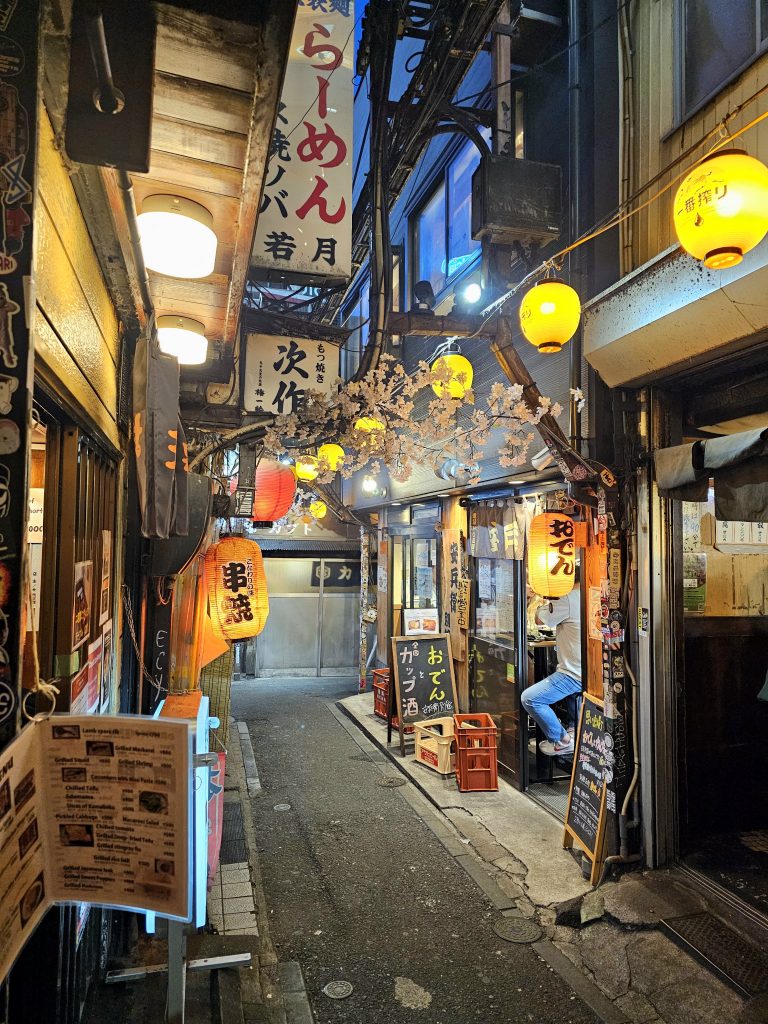 Callejón estrecho de Omoide Yokocho en Shinjuku, Tokio, con farolillos japoneses encendidos y pequeños bares tradicionales.