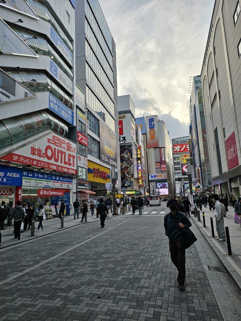 Calle principal de Akihabara en Tokio con tiendas de electrónica, carteles y ambiente urbano