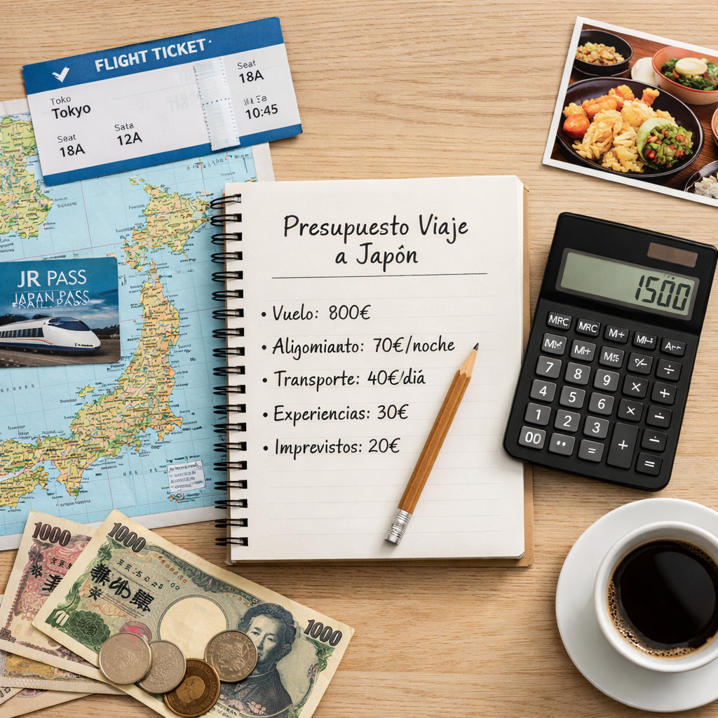 Presupuesto detallado para organizar un viaje a Japón con desglose de vuelo, alojamiento, transporte y experiencias