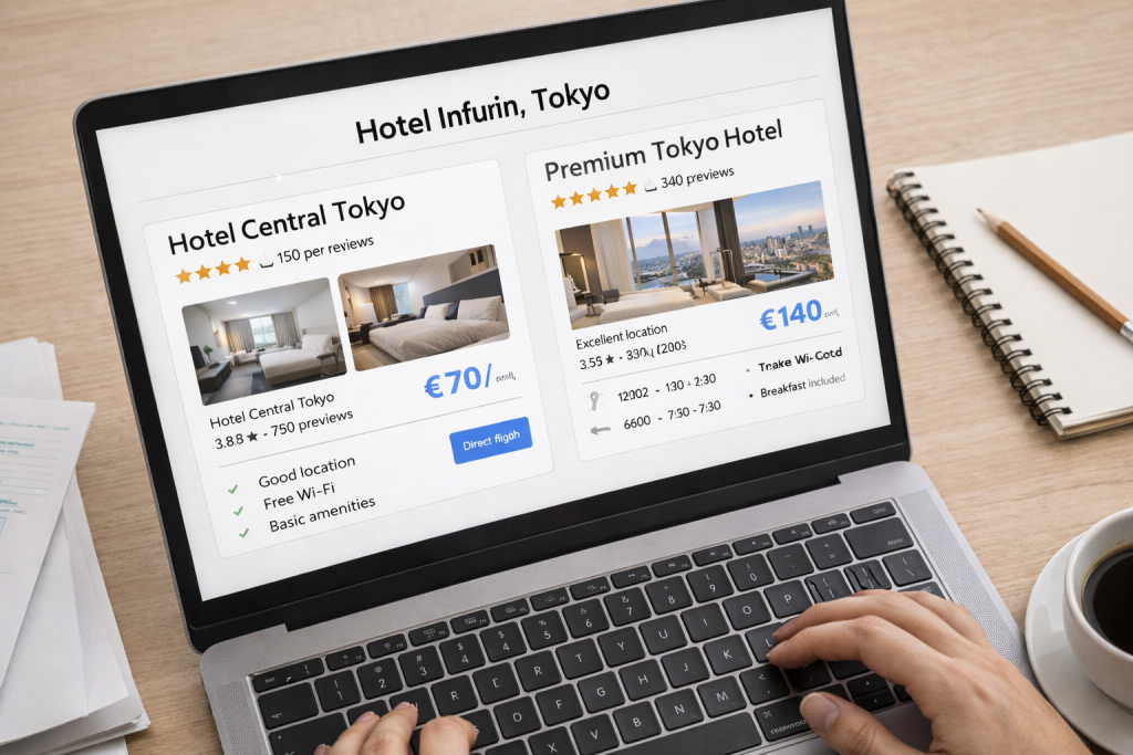 Comparación de hoteles en Japón analizando precios, ubicación y valoraciones antes de reservar