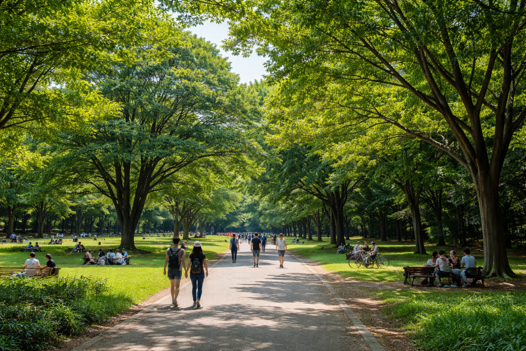 Parque Yoyogi en Tokio con árboles, senderos y personas paseando y descansando en el césped