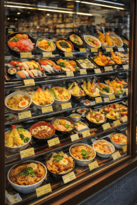 Escaparate con réplicas de comida japonesa como sushi, ramen y tempura en una tienda de Kappabashi en Tokio